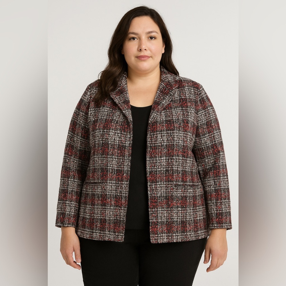 NWT CJ Banks Jacquard Open Front Jacket Embroidered Red Black 1X